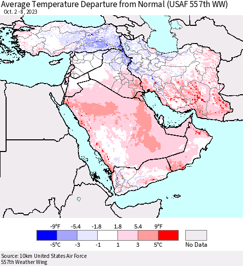 Middle East and Turkey Average Temperature Departure from Normal (USAF 557th WW) Thematic Map For 10/2/2023 - 10/8/2023
