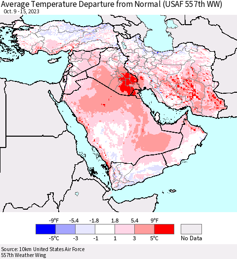 Middle East and Turkey Average Temperature Departure from Normal (USAF 557th WW) Thematic Map For 10/9/2023 - 10/15/2023