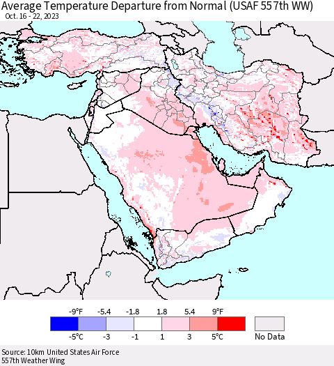 Middle East and Turkey Average Temperature Departure from Normal (USAF 557th WW) Thematic Map For 10/16/2023 - 10/22/2023