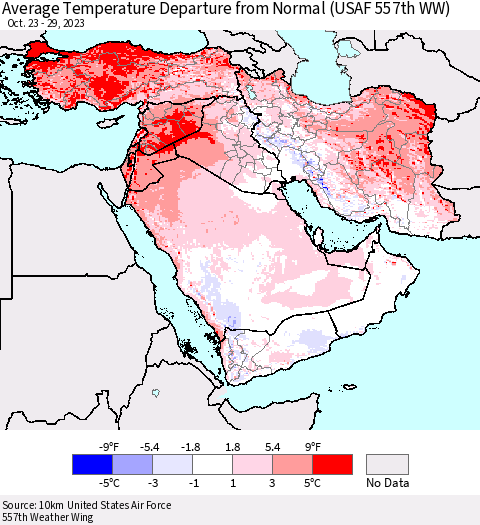 Middle East and Turkey Average Temperature Departure from Normal (USAF 557th WW) Thematic Map For 10/23/2023 - 10/29/2023
