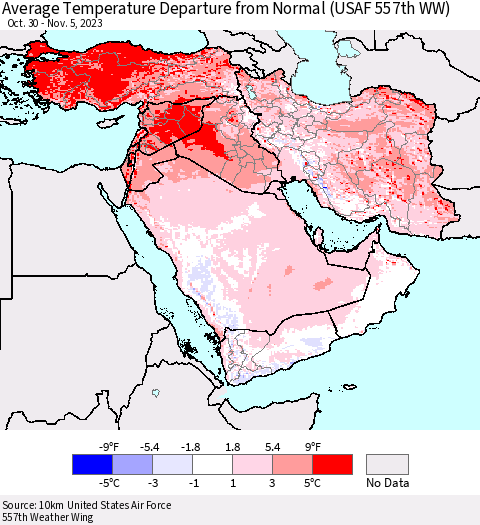 Middle East and Turkey Average Temperature Departure from Normal (USAF 557th WW) Thematic Map For 10/30/2023 - 11/5/2023