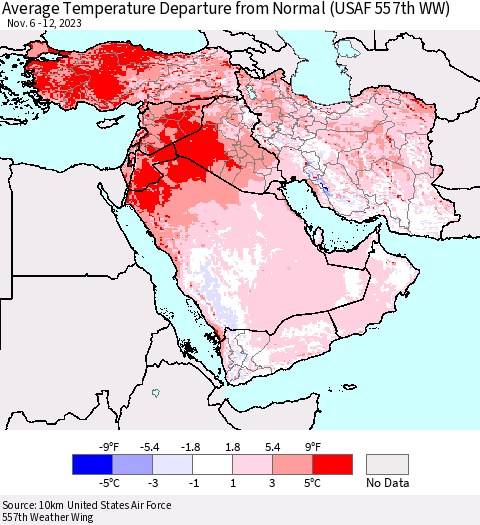Middle East and Turkey Average Temperature Departure from Normal (USAF 557th WW) Thematic Map For 11/6/2023 - 11/12/2023