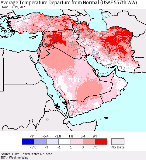 Middle East and Turkey Average Temperature Departure from Normal (USAF 557th WW) Thematic Map For 11/13/2023 - 11/19/2023