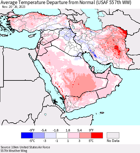 Middle East and Turkey Average Temperature Departure from Normal (USAF 557th WW) Thematic Map For 11/20/2023 - 11/26/2023