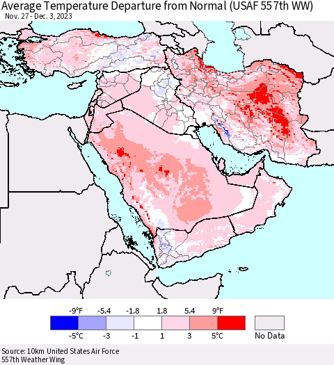 Middle East and Turkey Average Temperature Departure from Normal (USAF 557th WW) Thematic Map For 11/27/2023 - 12/3/2023