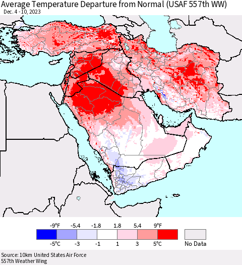 Middle East and Turkey Average Temperature Departure from Normal (USAF 557th WW) Thematic Map For 12/4/2023 - 12/10/2023