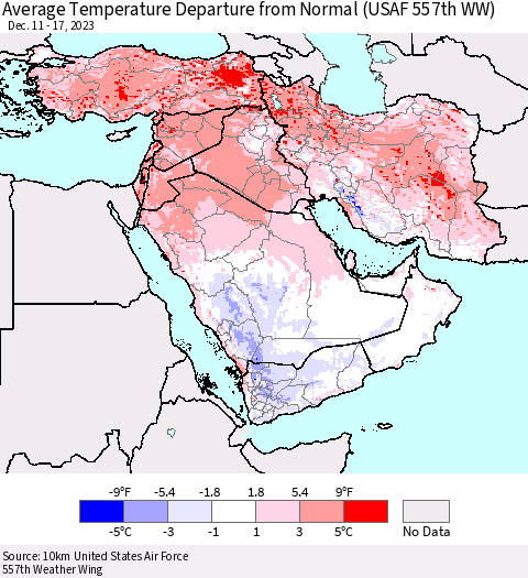 Middle East and Turkey Average Temperature Departure from Normal (USAF 557th WW) Thematic Map For 12/11/2023 - 12/17/2023