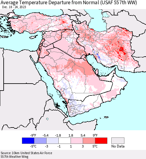 Middle East and Turkey Average Temperature Departure from Normal (USAF 557th WW) Thematic Map For 12/18/2023 - 12/24/2023