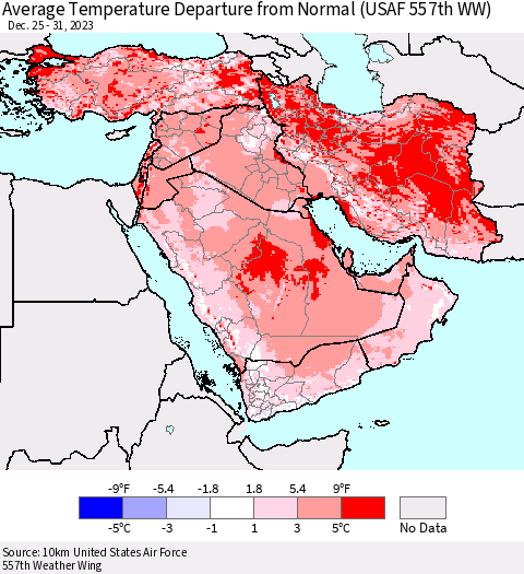 Middle East and Turkey Average Temperature Departure from Normal (USAF 557th WW) Thematic Map For 12/25/2023 - 12/31/2023