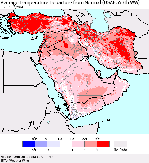 Middle East and Turkey Average Temperature Departure from Normal (USAF 557th WW) Thematic Map For 1/1/2024 - 1/7/2024