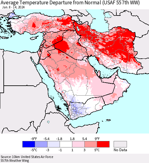 Middle East and Turkey Average Temperature Departure from Normal (USAF 557th WW) Thematic Map For 1/8/2024 - 1/14/2024