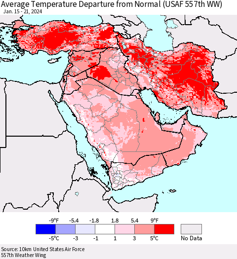 Middle East and Turkey Average Temperature Departure from Normal (USAF 557th WW) Thematic Map For 1/15/2024 - 1/21/2024