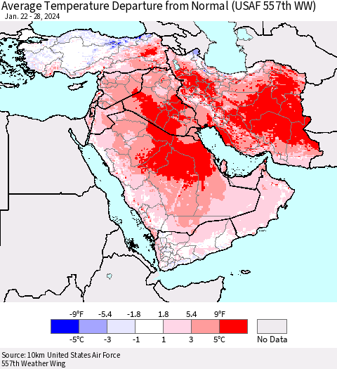 Middle East and Turkey Average Temperature Departure from Normal (USAF 557th WW) Thematic Map For 1/22/2024 - 1/28/2024
