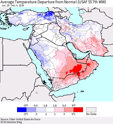 Middle East and Turkey Average Temperature Departure from Normal (USAF 557th WW) Thematic Map For 1/29/2024 - 2/4/2024