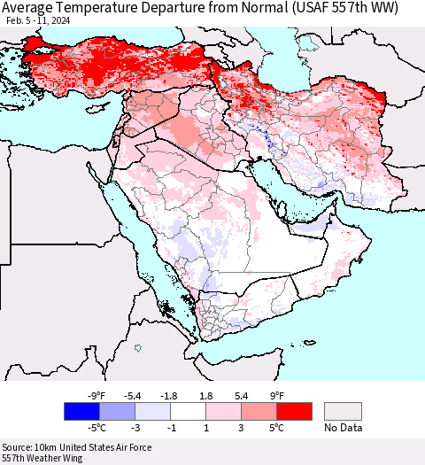 Middle East and Turkey Average Temperature Departure from Normal (USAF 557th WW) Thematic Map For 2/5/2024 - 2/11/2024