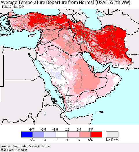 Middle East and Turkey Average Temperature Departure from Normal (USAF 557th WW) Thematic Map For 2/12/2024 - 2/18/2024