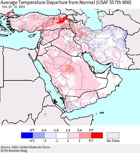 Middle East and Turkey Average Temperature Departure from Normal (USAF 557th WW) Thematic Map For 2/19/2024 - 2/25/2024