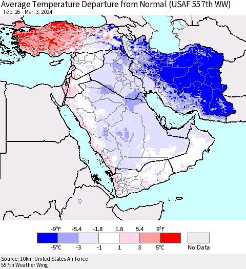 Middle East and Turkey Average Temperature Departure from Normal (USAF 557th WW) Thematic Map For 2/26/2024 - 3/3/2024