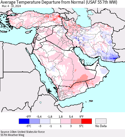 Middle East and Turkey Average Temperature Departure from Normal (USAF 557th WW) Thematic Map For 3/4/2024 - 3/10/2024