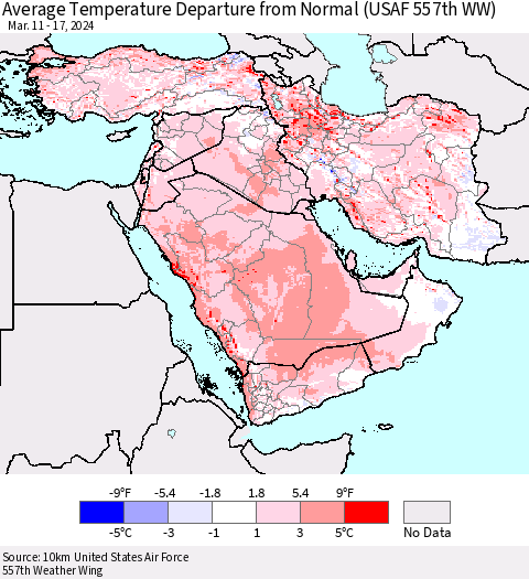 Middle East and Turkey Average Temperature Departure from Normal (USAF 557th WW) Thematic Map For 3/11/2024 - 3/17/2024