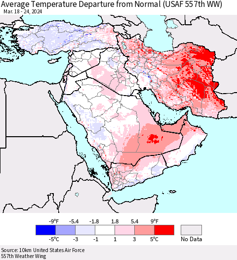Middle East and Turkey Average Temperature Departure from Normal (USAF 557th WW) Thematic Map For 3/18/2024 - 3/24/2024