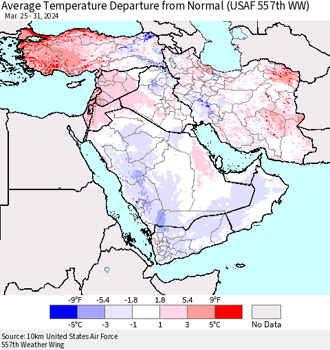 Middle East and Turkey Average Temperature Departure from Normal (USAF 557th WW) Thematic Map For 3/25/2024 - 3/31/2024
