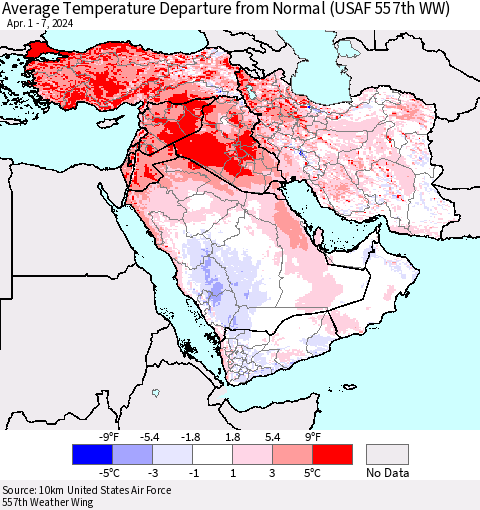 Middle East and Turkey Average Temperature Departure from Normal (USAF 557th WW) Thematic Map For 4/1/2024 - 4/7/2024