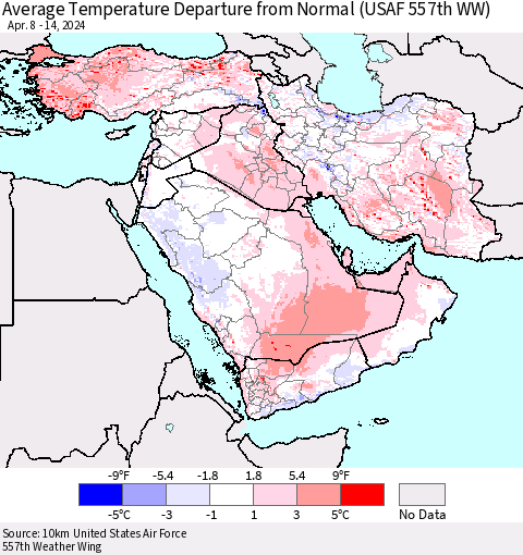 Middle East and Turkey Average Temperature Departure from Normal (USAF 557th WW) Thematic Map For 4/8/2024 - 4/14/2024