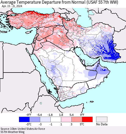 Middle East and Turkey Average Temperature Departure from Normal (USAF 557th WW) Thematic Map For 4/15/2024 - 4/21/2024