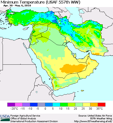 Middle East and Turkey Mean Minimum Temperature (USAF 557th WW) Thematic Map For 4/30/2018 - 5/6/2018