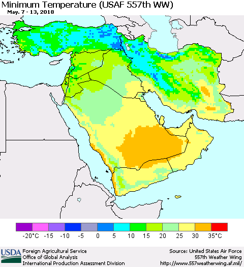 Middle East and Turkey Mean Minimum Temperature (USAF 557th WW) Thematic Map For 5/7/2018 - 5/13/2018