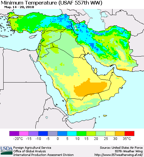 Middle East and Turkey Mean Minimum Temperature (USAF 557th WW) Thematic Map For 5/14/2018 - 5/20/2018