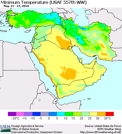 Middle East and Turkey Mean Minimum Temperature (USAF 557th WW) Thematic Map For 5/21/2018 - 5/27/2018