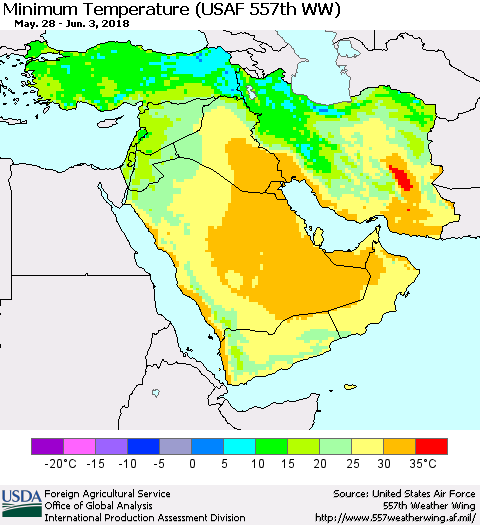 Middle East and Turkey Mean Minimum Temperature (USAF 557th WW) Thematic Map For 5/28/2018 - 6/3/2018