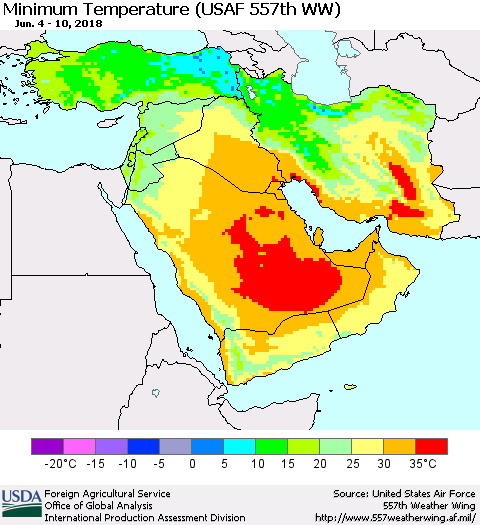 Middle East and Turkey Mean Minimum Temperature (USAF 557th WW) Thematic Map For 6/4/2018 - 6/10/2018