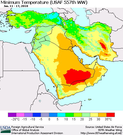 Middle East and Turkey Mean Minimum Temperature (USAF 557th WW) Thematic Map For 6/11/2018 - 6/17/2018