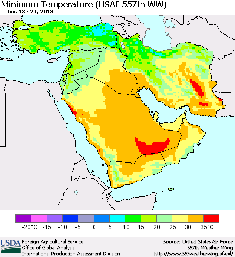 Middle East and Turkey Mean Minimum Temperature (USAF 557th WW) Thematic Map For 6/18/2018 - 6/24/2018