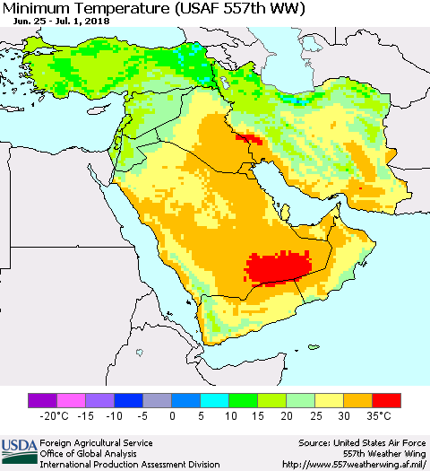 Middle East and Turkey Mean Minimum Temperature (USAF 557th WW) Thematic Map For 6/25/2018 - 7/1/2018