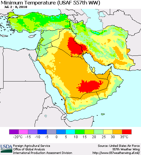 Middle East and Turkey Mean Minimum Temperature (USAF 557th WW) Thematic Map For 7/2/2018 - 7/8/2018