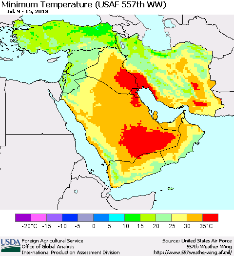 Middle East and Turkey Mean Minimum Temperature (USAF 557th WW) Thematic Map For 7/9/2018 - 7/15/2018