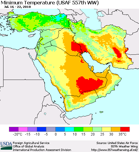 Middle East and Turkey Mean Minimum Temperature (USAF 557th WW) Thematic Map For 7/16/2018 - 7/22/2018