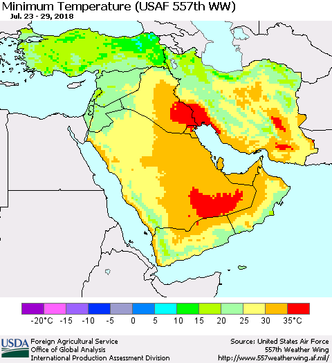 Middle East and Turkey Mean Minimum Temperature (USAF 557th WW) Thematic Map For 7/23/2018 - 7/29/2018