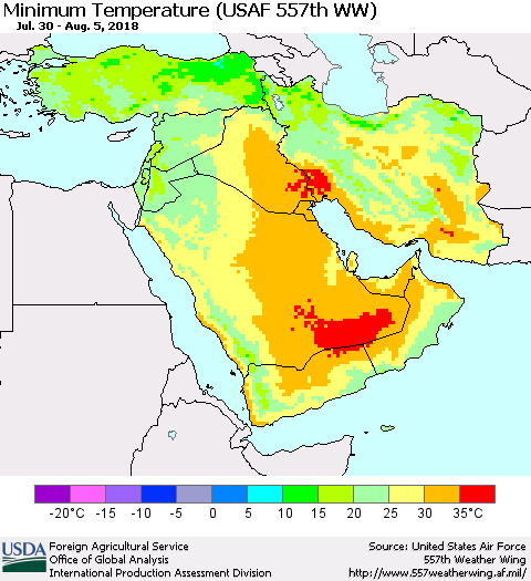 Middle East and Turkey Mean Minimum Temperature (USAF 557th WW) Thematic Map For 7/30/2018 - 8/5/2018