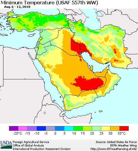 Middle East and Turkey Mean Minimum Temperature (USAF 557th WW) Thematic Map For 8/6/2018 - 8/12/2018