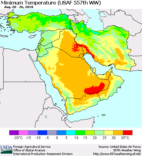 Middle East and Turkey Mean Minimum Temperature (USAF 557th WW) Thematic Map For 8/20/2018 - 8/26/2018