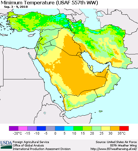 Middle East and Turkey Mean Minimum Temperature (USAF 557th WW) Thematic Map For 9/3/2018 - 9/9/2018