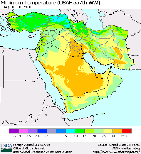 Middle East and Turkey Mean Minimum Temperature (USAF 557th WW) Thematic Map For 9/10/2018 - 9/16/2018