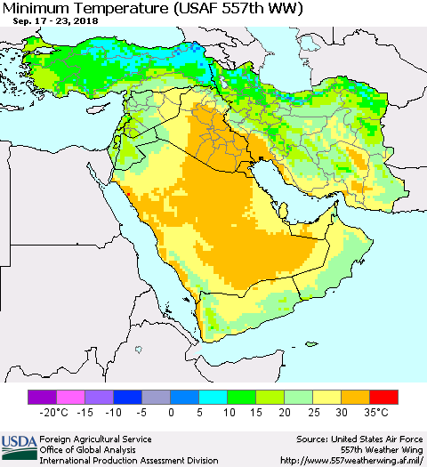 Middle East and Turkey Mean Minimum Temperature (USAF 557th WW) Thematic Map For 9/17/2018 - 9/23/2018