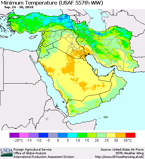 Middle East and Turkey Mean Minimum Temperature (USAF 557th WW) Thematic Map For 9/24/2018 - 9/30/2018
