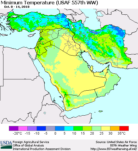 Middle East and Turkey Mean Minimum Temperature (USAF 557th WW) Thematic Map For 10/8/2018 - 10/14/2018